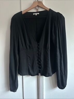 Reformation Black Button-Front V-Neck Long Sleeve Blouse